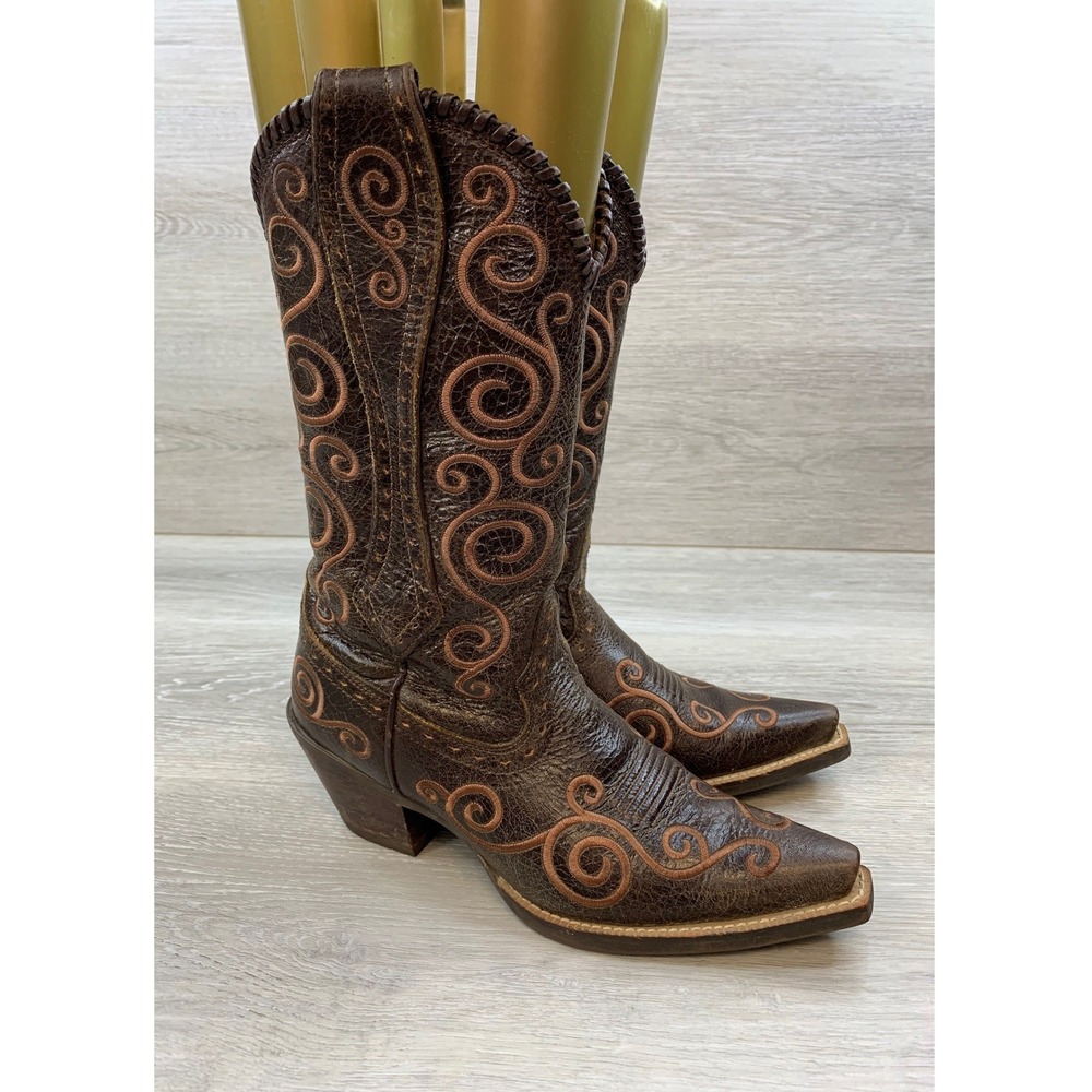 Ariat Brown Leather Western Heeled Cowboy Boots with Tan Stitching